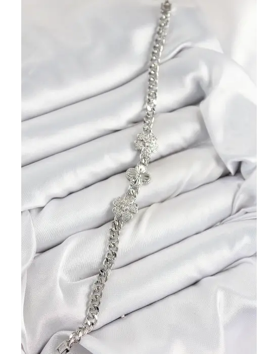 Pirinç Zirkon Taşlı Yonca Model Gümüş Renk Kadın Bileklik