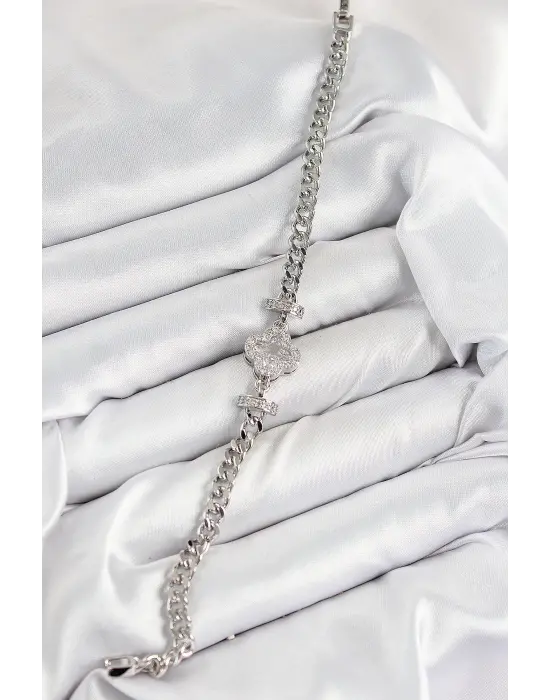 Pirinç Zirkon Taşlı Yonca Model Gümüş Renk Kadın Bileklik