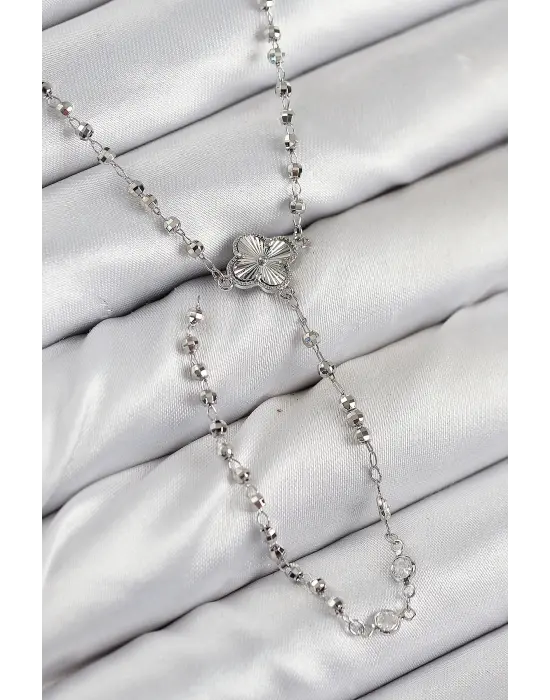 Pirinç Zirkon Taşlı Yonca Model Gümüş Renk Kadın Y Kolye