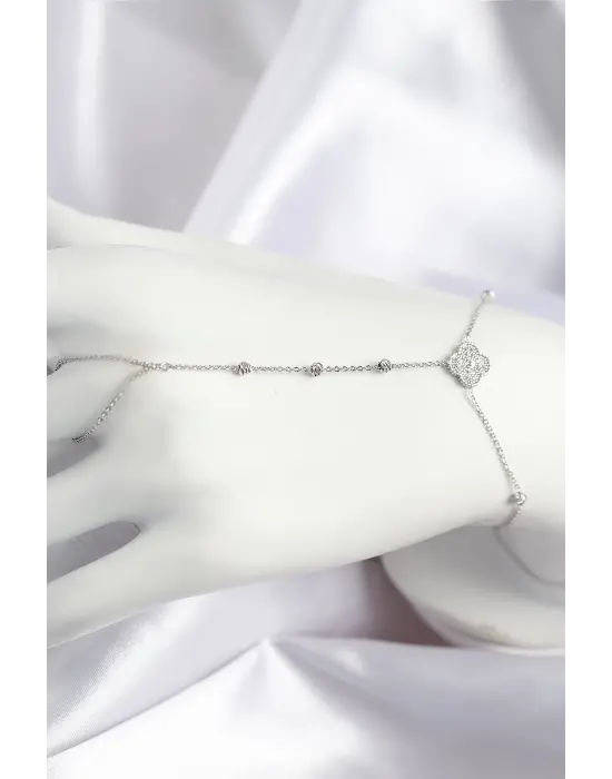 Pirinç Zirkon Taşlı Yonca Model Gümüş Renk Şahmeran