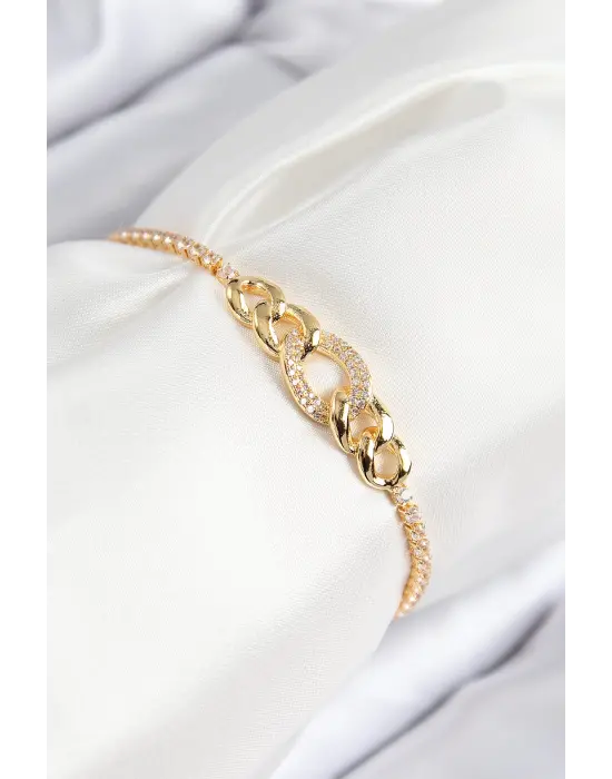 Pirinç Zirkon Taşlı Zincir Model Gold Renk Asansörlü Kadın Bileklik