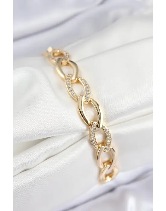 Pirinç Zirkon Taşlı Zincir Model Gold Renk Kadın Bileklik