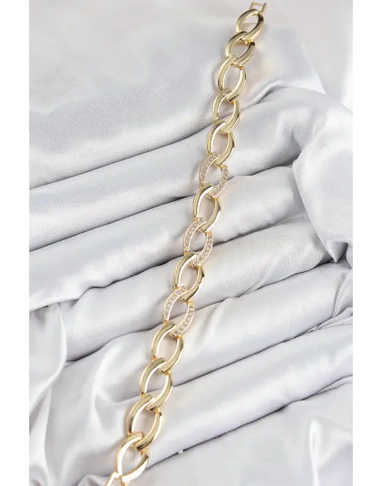 Pirinç Zirkon Taşlı Zincir Model Gold Renk Kadın Bileklik