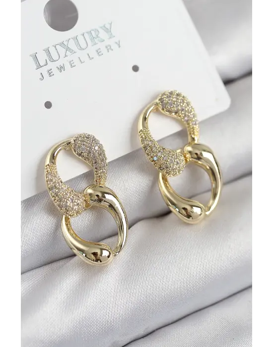 Pirinç Zirkon Taşlı Zincir Model Gold Renk Kadın Küpe