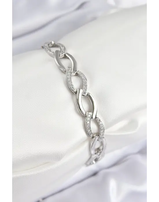 Pirinç Zirkon Taşlı Zincir Model Gümüş Renk Kadın Bileklik
