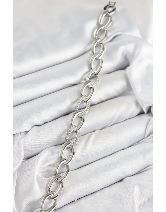 Pirinç Zirkon Taşlı Zincir Model Gümüş Renk Kadın Bileklik