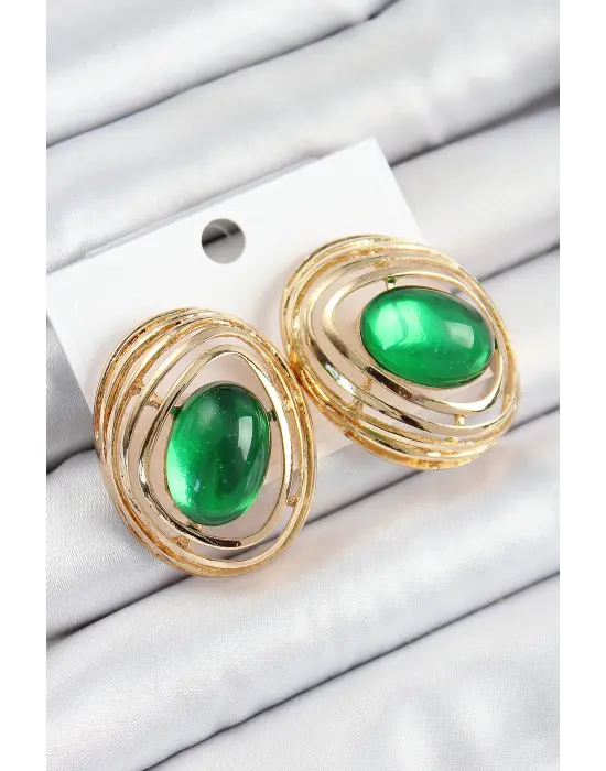 Pirinç Zümrüt Yeşili Zirkon Taşlı Oval Model Gold Renk Kadın Küpe