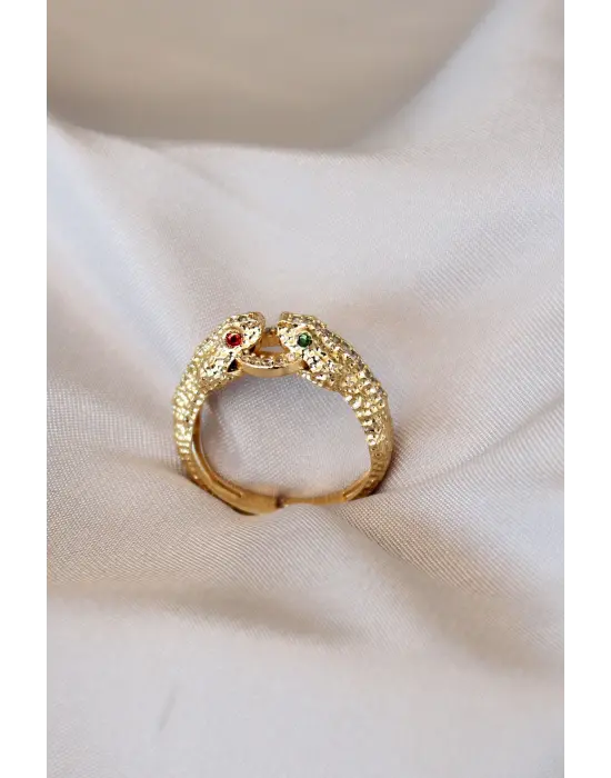 Renkli Gözlü Yılan Detaylı Zirkon Taşlı Ayarlamalı Yüzük