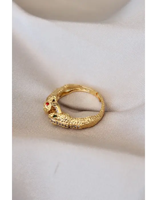Renkli Gözlü Yılan Detaylı Zirkon Taşlı Ayarlamalı Yüzük