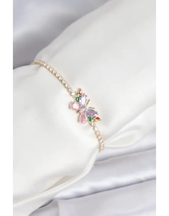 Renkli Kelebek Model Zirkon Taşlı Asansörlü Su Yolu Kadın Bileklik
