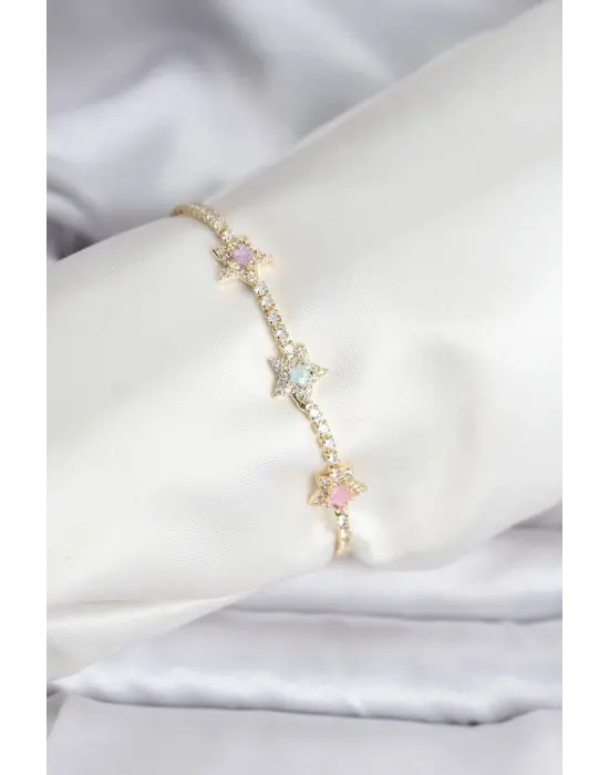 Renkli Yıldız Model Zirkon Taşlı Gold Renk Çelik Su Yolu Kadın Bileklik