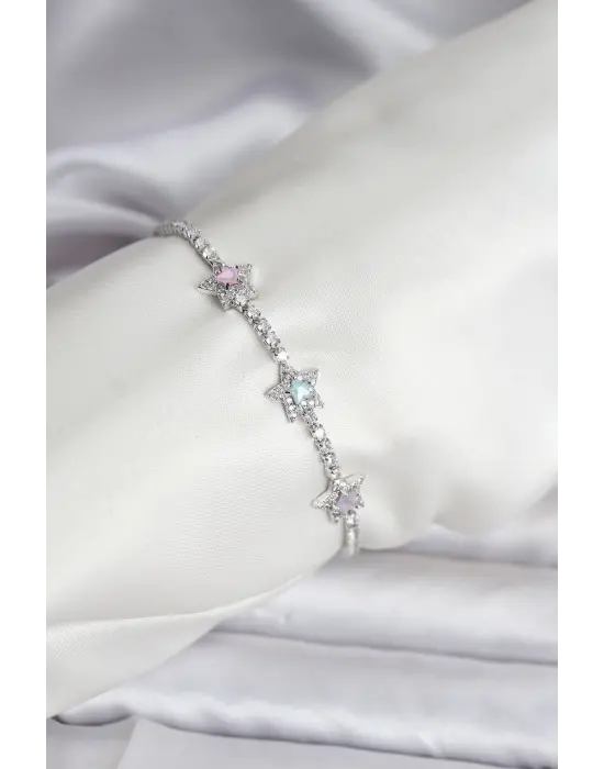 Renkli Yıldız Model Zirkon Taşlı Gümüş Renk Çelik Su Yolu Kadın Bileklik