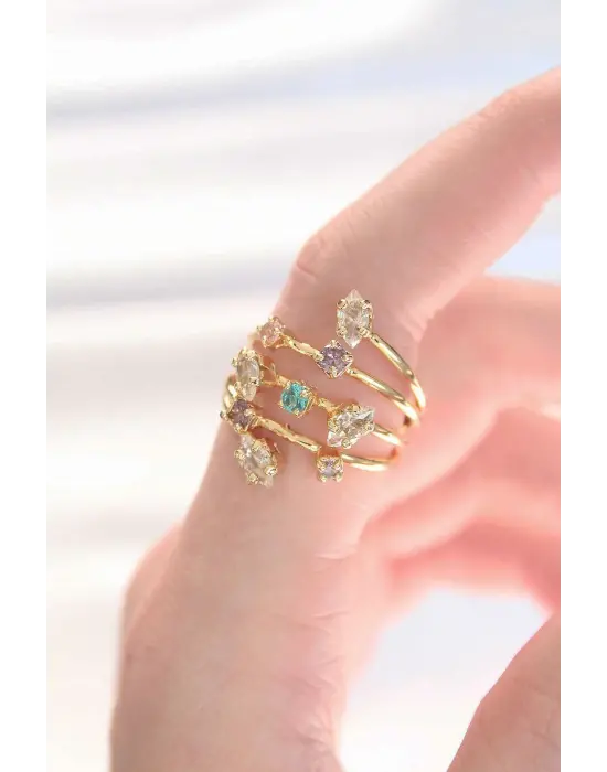 Renkli Zirkon Taşlı Altın Ayarlanabilir Yüzük