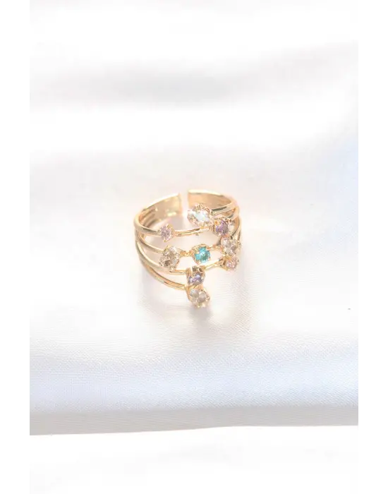 Renkli Zirkon Taşlı Altın Ayarlanabilir Yüzük