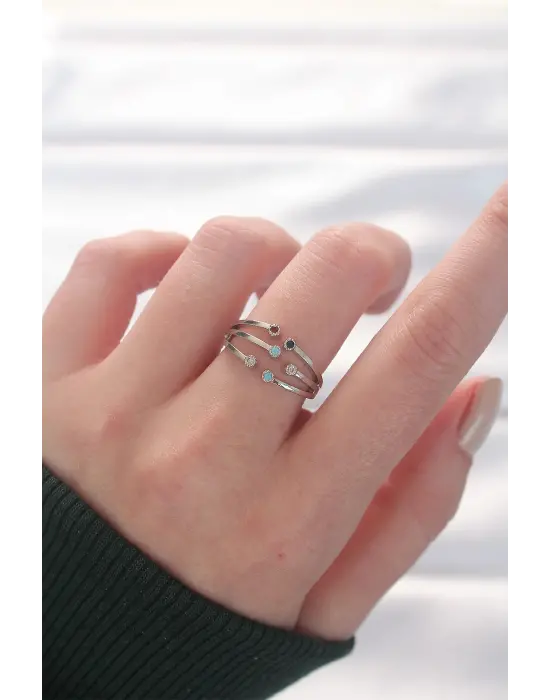 Renkli Zirkon Taşlı Silver Renk Ayarlanabilir Yüzük
