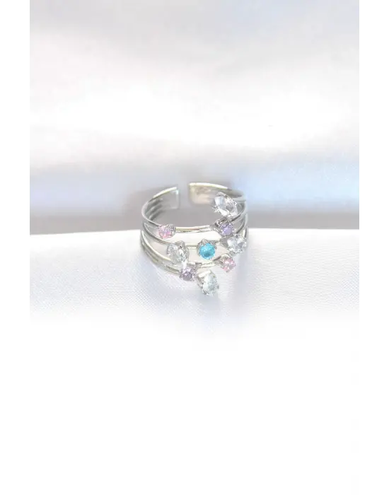 Renkli Zirkon Taşlı Silver Renk Ayarlanabilir Yüzük
