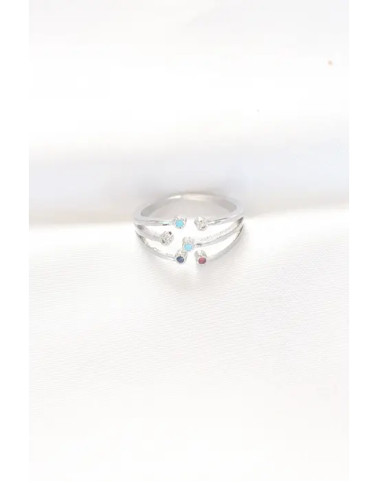 Renkli Zirkon Taşlı Silver Renk Ayarlanabilir Yüzük