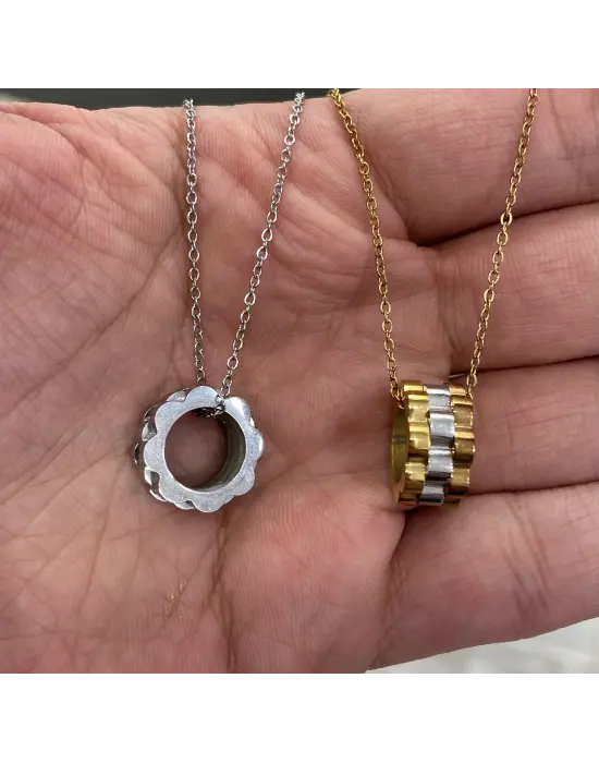 Rolex Model Yüzük Formlu Çelik Kolye Gold & Silver Tasarım
