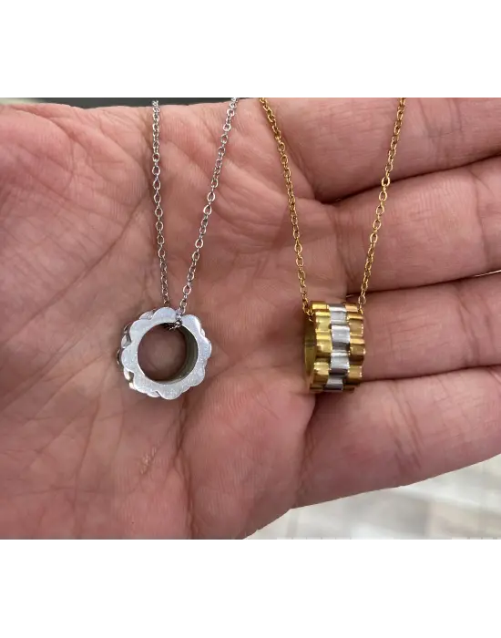 Rolex Model Yüzük Formlu Çelik Kolye Gold & Silver Tasarım
