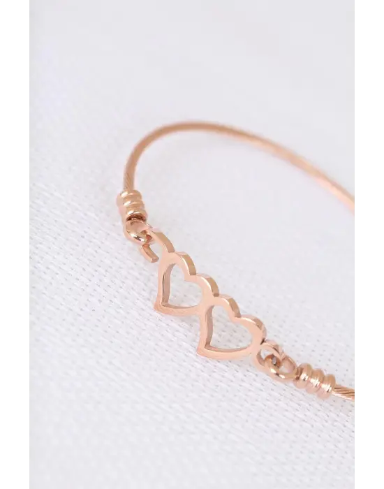 Rose Çelik Çift Kalp Figürlü Erkek Kelepçe Bileklik