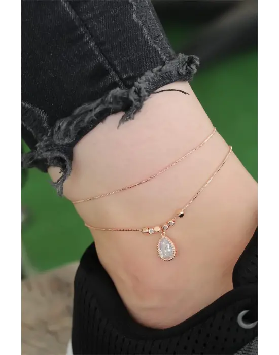 Rose Gold Renk Zirkon Damla Taşlı Halhal