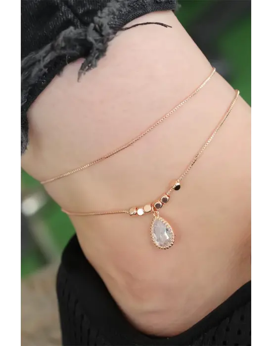 Rose Gold Renk Zirkon Damla Taşlı Halhal