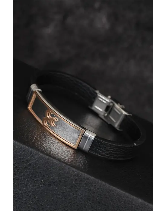 Rose Renk 3 Hilal Figürlü Metal Aksesuarlı Siyah Renk Deri Erkek Bileklik
