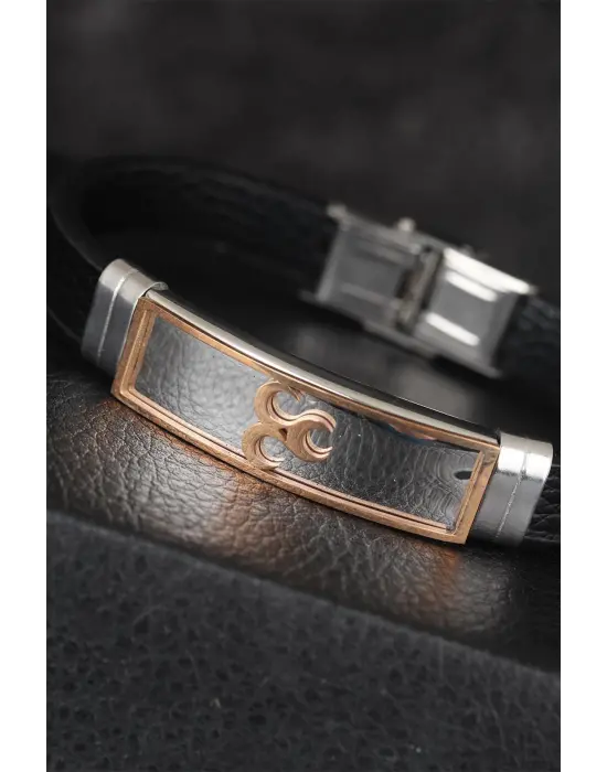 Rose Renk 3 Hilal Figürlü Metal Aksesuarlı Siyah Renk Deri Erkek Bileklik