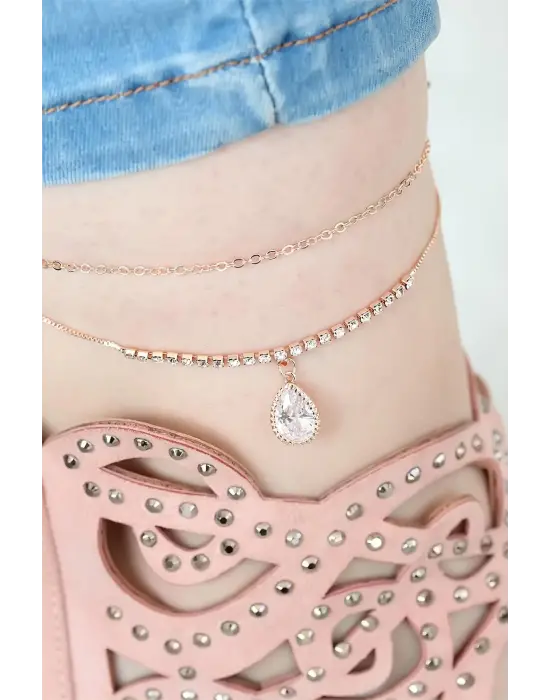 Rose Renk Çift Zincirli Damla Taşlı Hal Hal