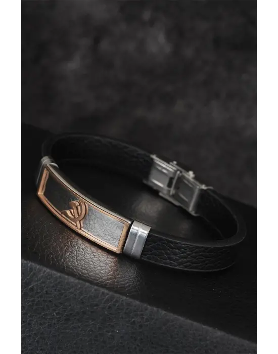 Rose Renk Orak Figürlü Metal Aksesuarlı Siyah Renk Deri Erkek Bileklik