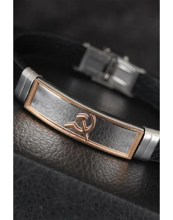 Rose Renk Orak Figürlü Metal Aksesuarlı Siyah Renk Deri Erkek Bileklik