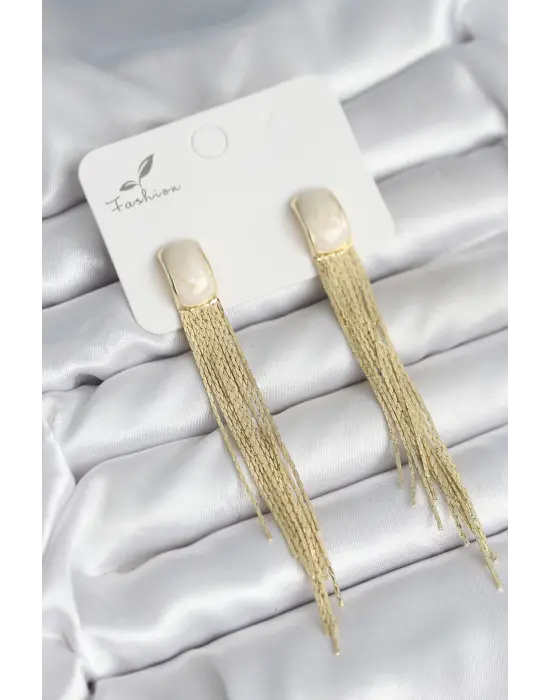 Sallantılı Beyaz Mineli Gold Renk Kadın Küpe