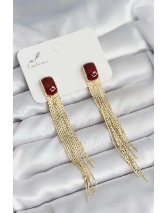 Sallantılı Bordo Mineli Gold Renk Kadın Küpe