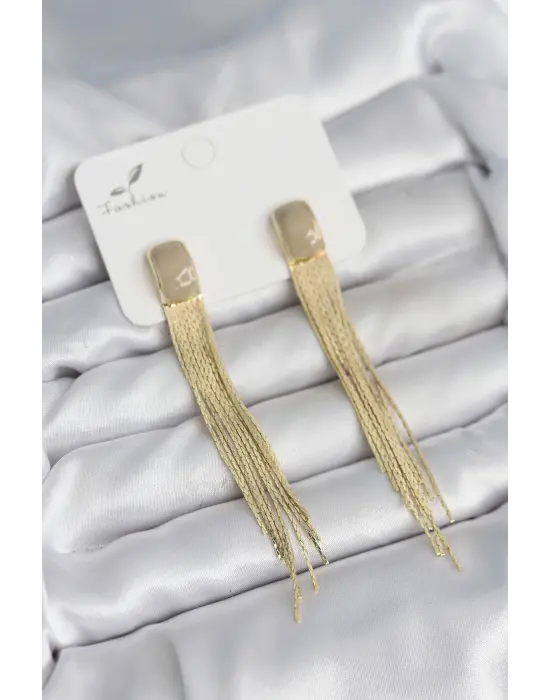 Sallantılı Krem Mineli Gold Renk Kadın Küpe