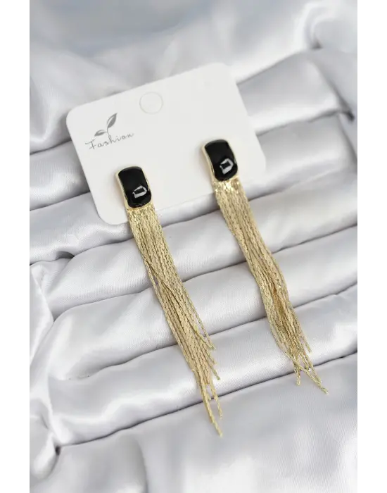 Sallantılı Siyah Mineli Gold Renk Kadın Küpe