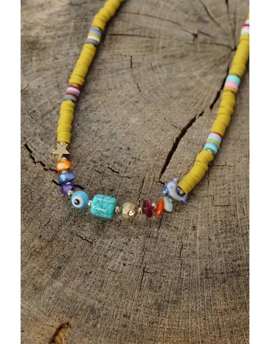 Sarı Boncuklu Mavi Doğal Taş Detaylı Kolye