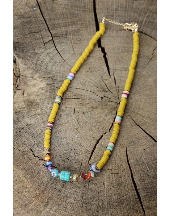 Sarı Boncuklu Mavi Doğal Taş Detaylı Kolye