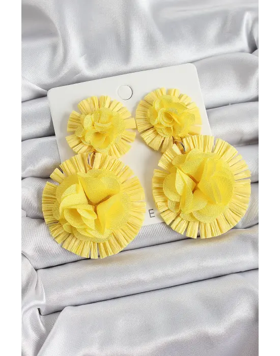 Sarı Gül Figürlü Tül Model Gold Renk Kadın Küpe