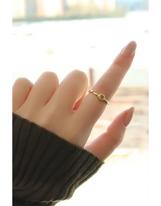 Sarı Kesme Taş Daire Yüzük