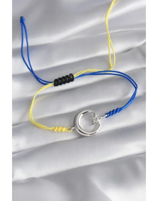 Sarı Lacivert İp Model Gümüş Ay Yıldız Figür Zirkon Taş Detay Unisex Model Bileklik