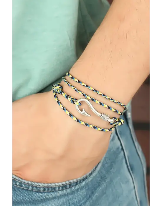 Sarı Mavi Çizgi Desenli Gümüş Renk Metal Kancalı Erkek Bileklik
