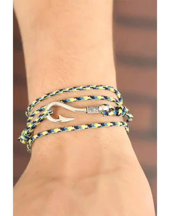 Sarı Mavi Çizgi Desenli Gümüş Renk Metal Kancalı Erkek Bileklik
