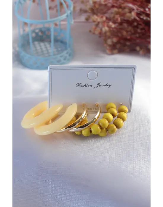 Sarı Renk Boncuk Gold Renk Halka Kadın Küpe Seti