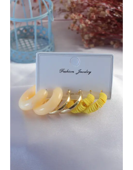 Sarı Renk Boncuk Halka Model Kadın Küpe Seti