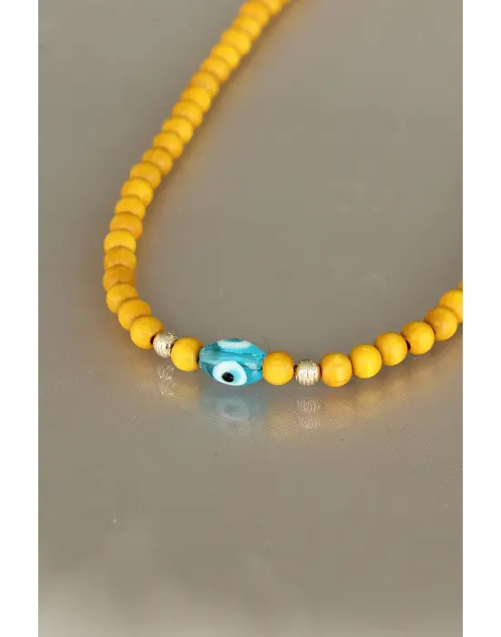 Sarı Renk Tahta Boncuklu Kadın Kolye