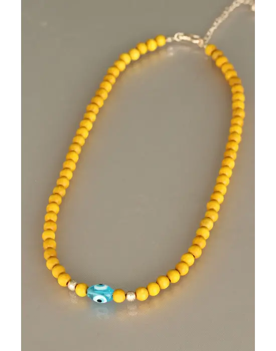 Sarı Renk Tahta Boncuklu Kadın Kolye