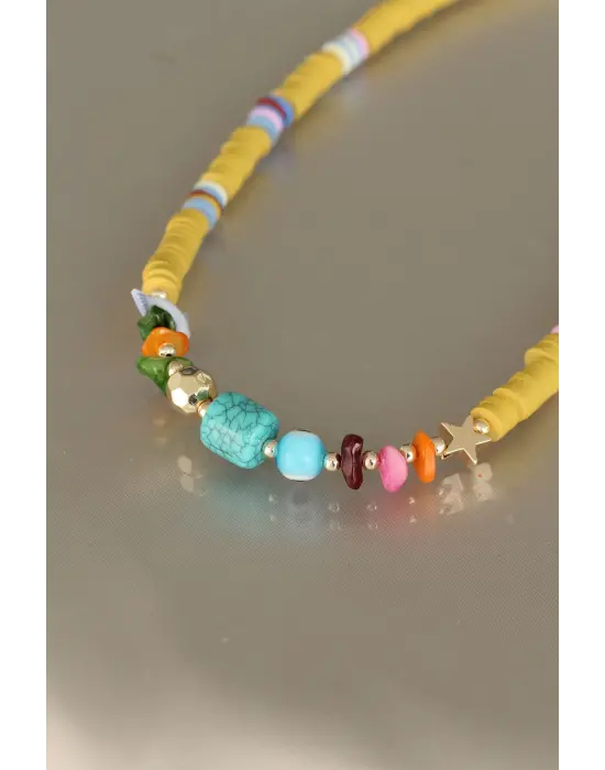 Sarı Renk Tahta Boncuklu Mavi Taşlı Kadın Kolye