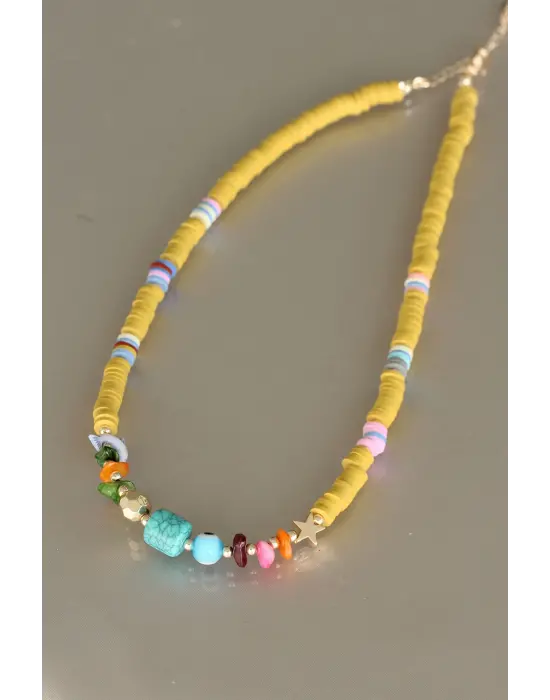 Sarı Renk Tahta Boncuklu Mavi Taşlı Kadın Kolye