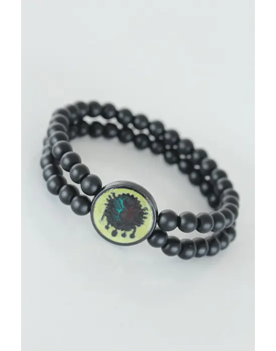 Sarı Renkli Metal Üzerine Osmanlı Arma Figürlü Siyah Renk Çift Sıra Doğal Taş Erkek Bileklik