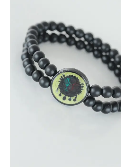 Sarı Renkli Metal Üzerine Osmanlı Arma Figürlü Siyah Renk Çift Sıra Doğal Taş Erkek Bileklik